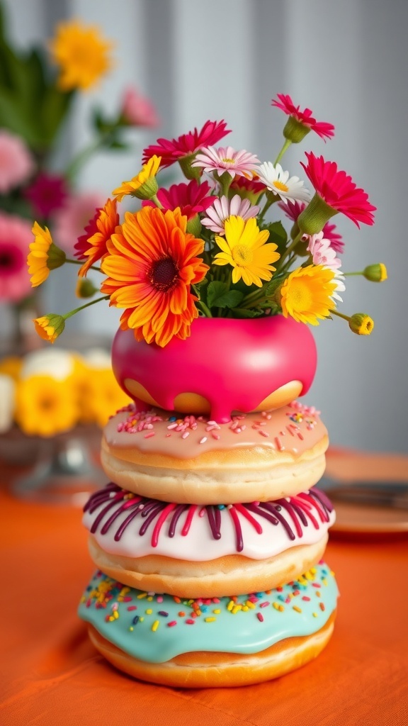 Creative Donut Vase Decor Ideas A whimsical donut vase with flowers and a tiered stack of colorful donuts on a table.